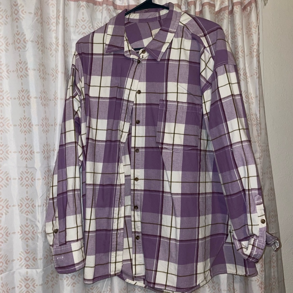 Purple and White Plaid Button-Up Shirt